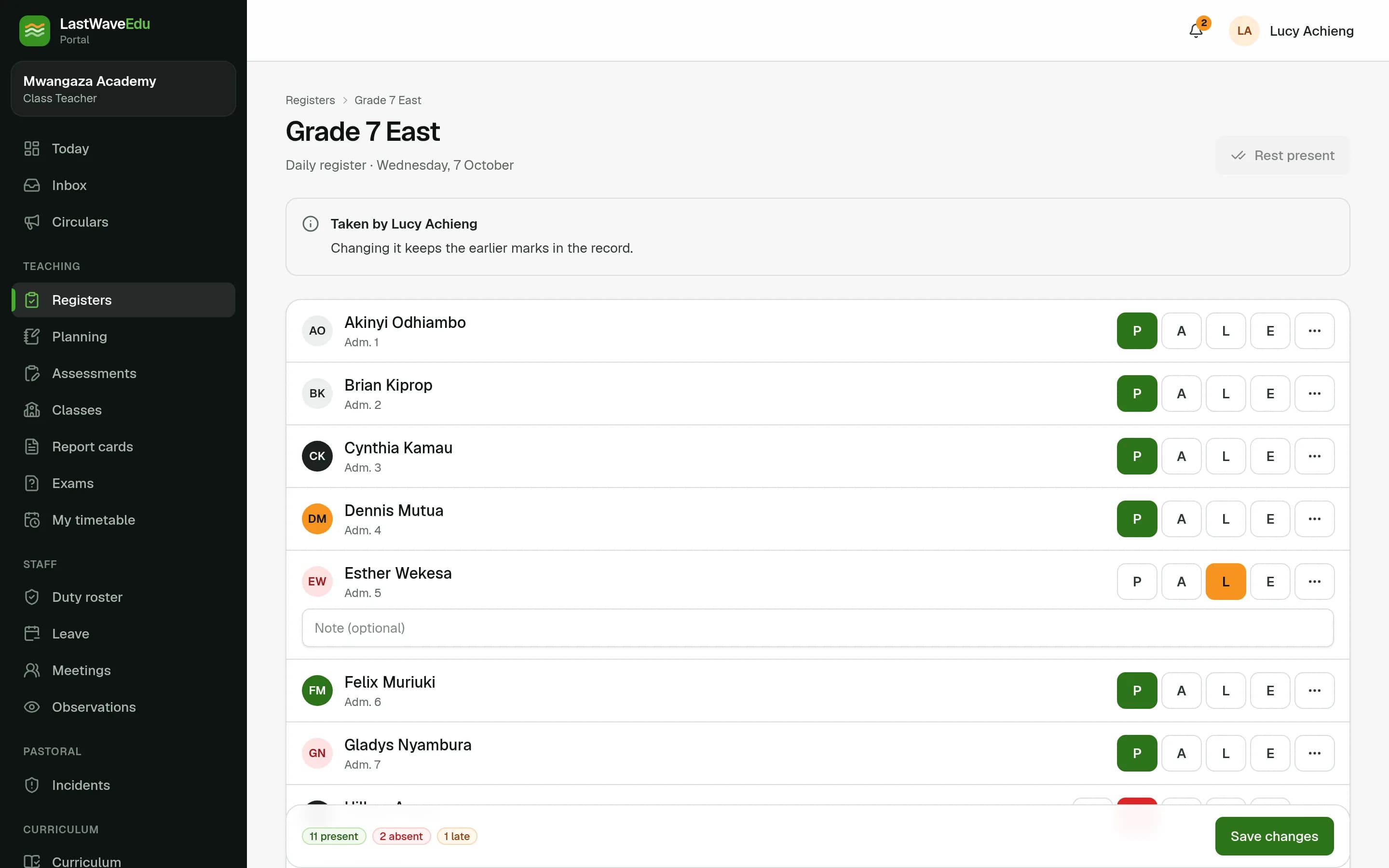 Taking the daily class register in the LastWaveEdu Portal
