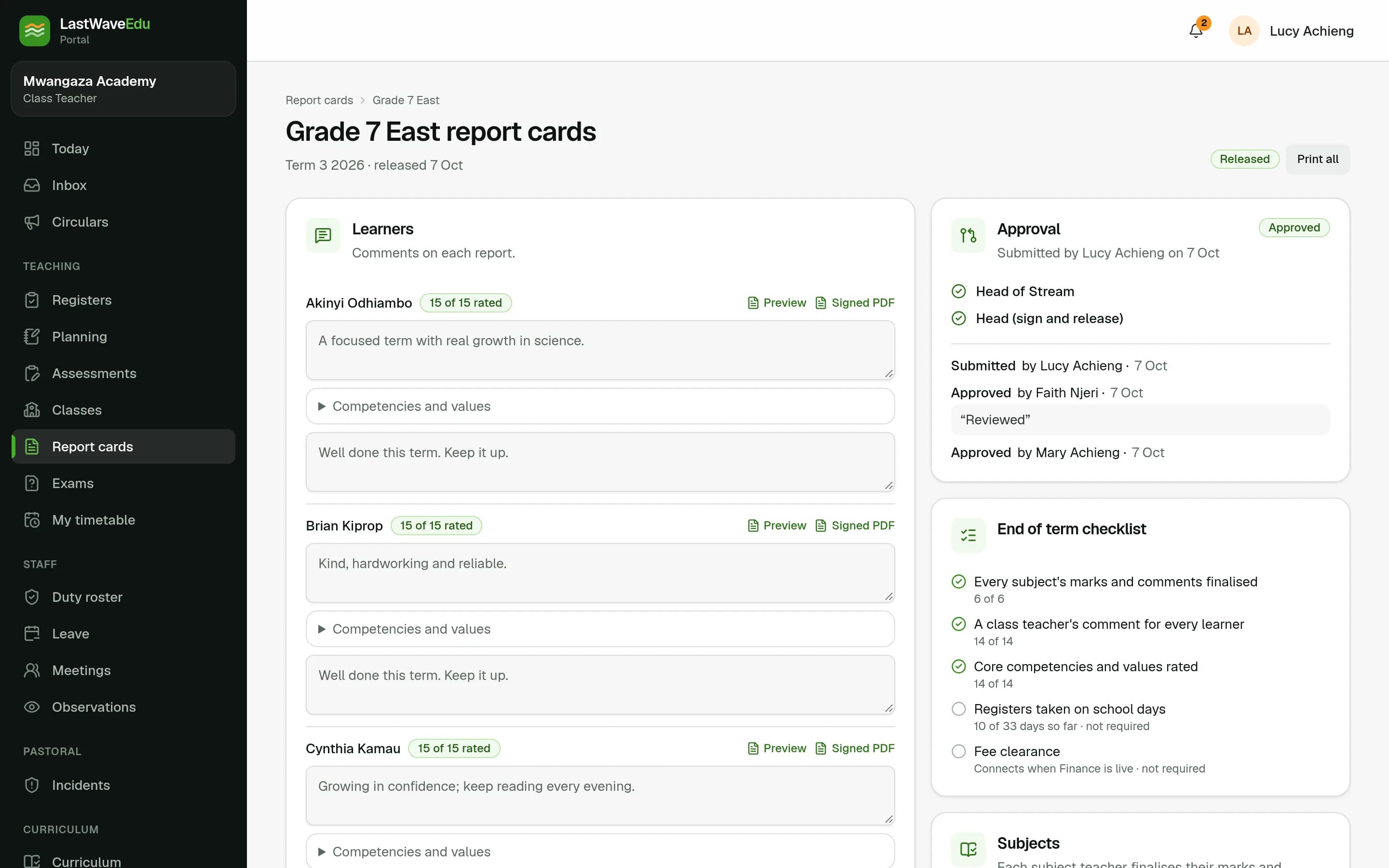 Compiling a class's report cards against the end-of-term checklist