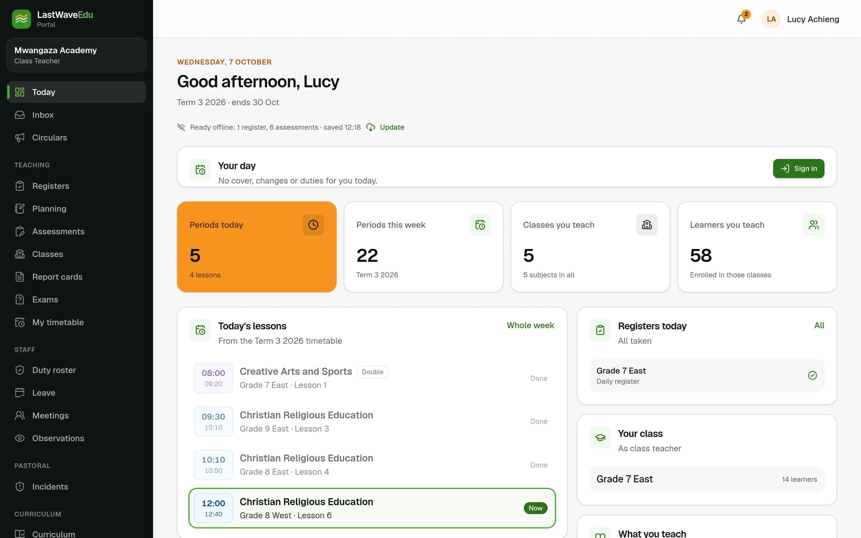 A teacher's Today page in the LastWaveEdu Portal: lessons, registers to take and work waiting